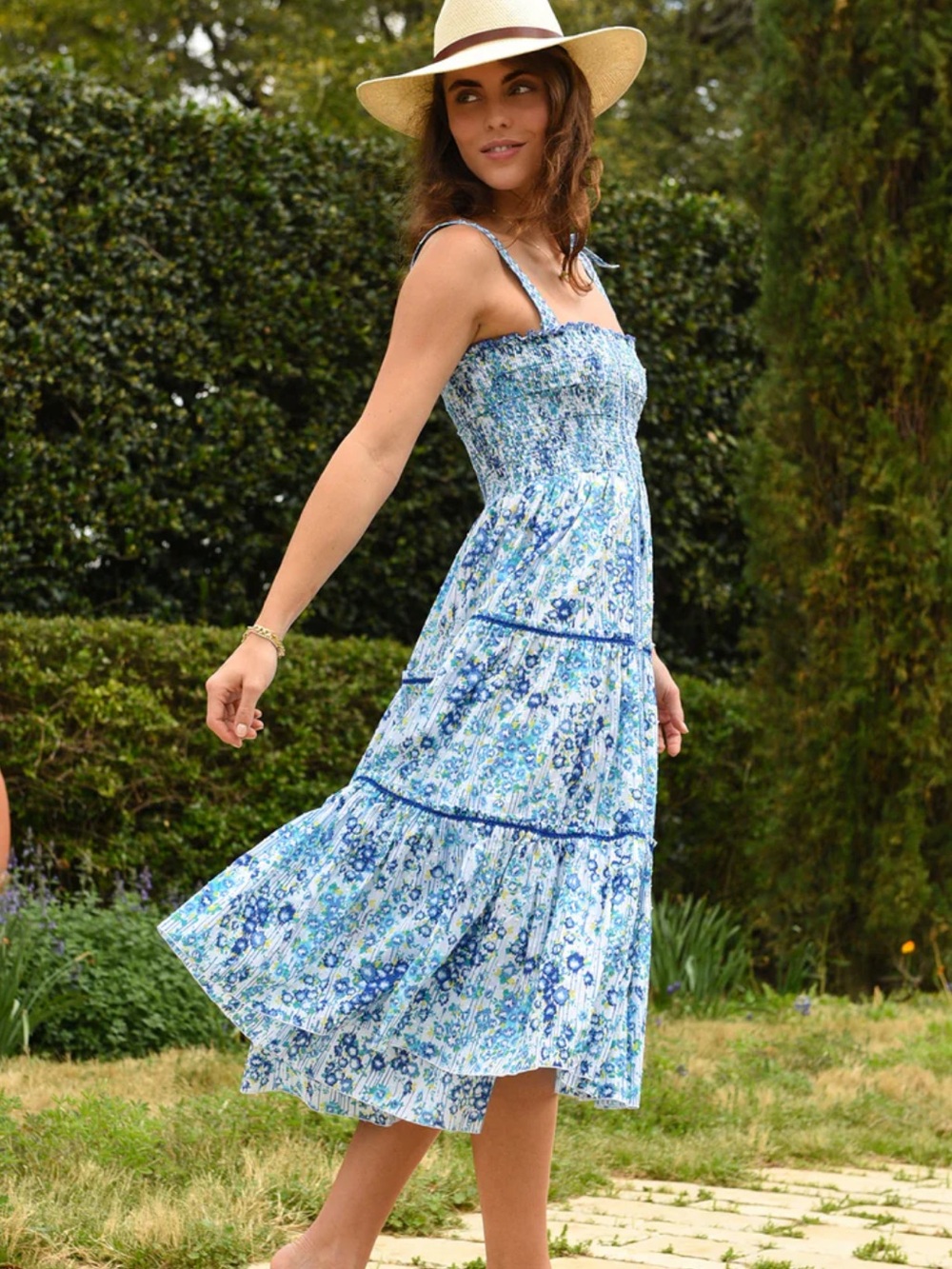 Poupette St Barth Triny Midi Dress in Blue Aquarelle floral flowy Sundress